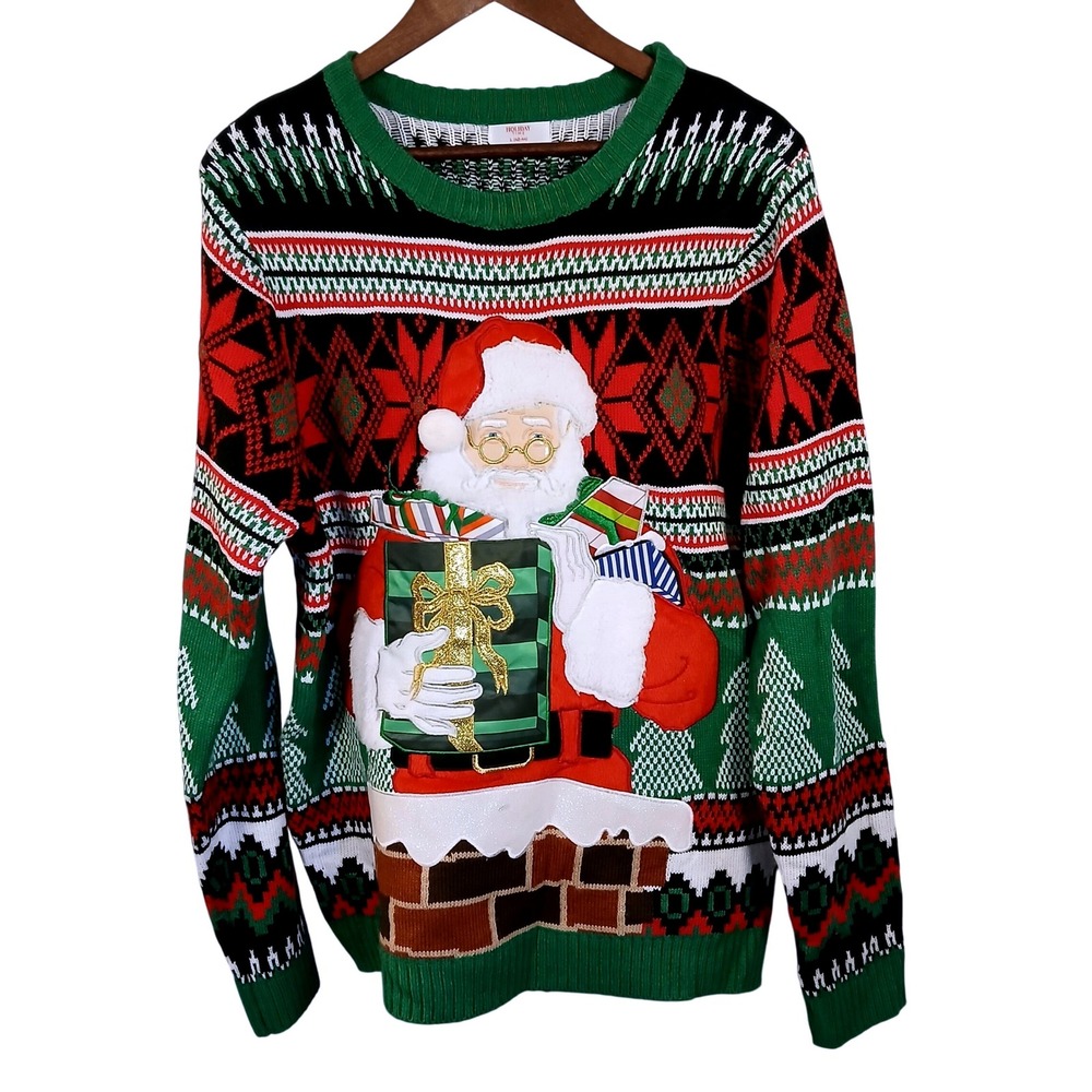 Holiday Men's Ugly Christmas Sweater Santa Chimney‎ Gift 3D Applique Knit Large